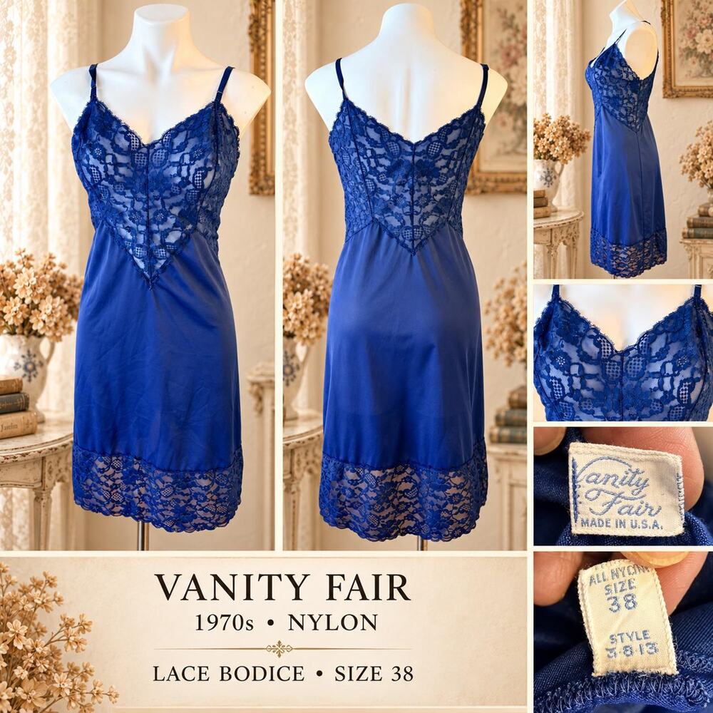 Vintage Vanity Fair Nylon Slip 1970s Lace Bodice Sweetheart Neckline Size 38 - Picture 3 of 13